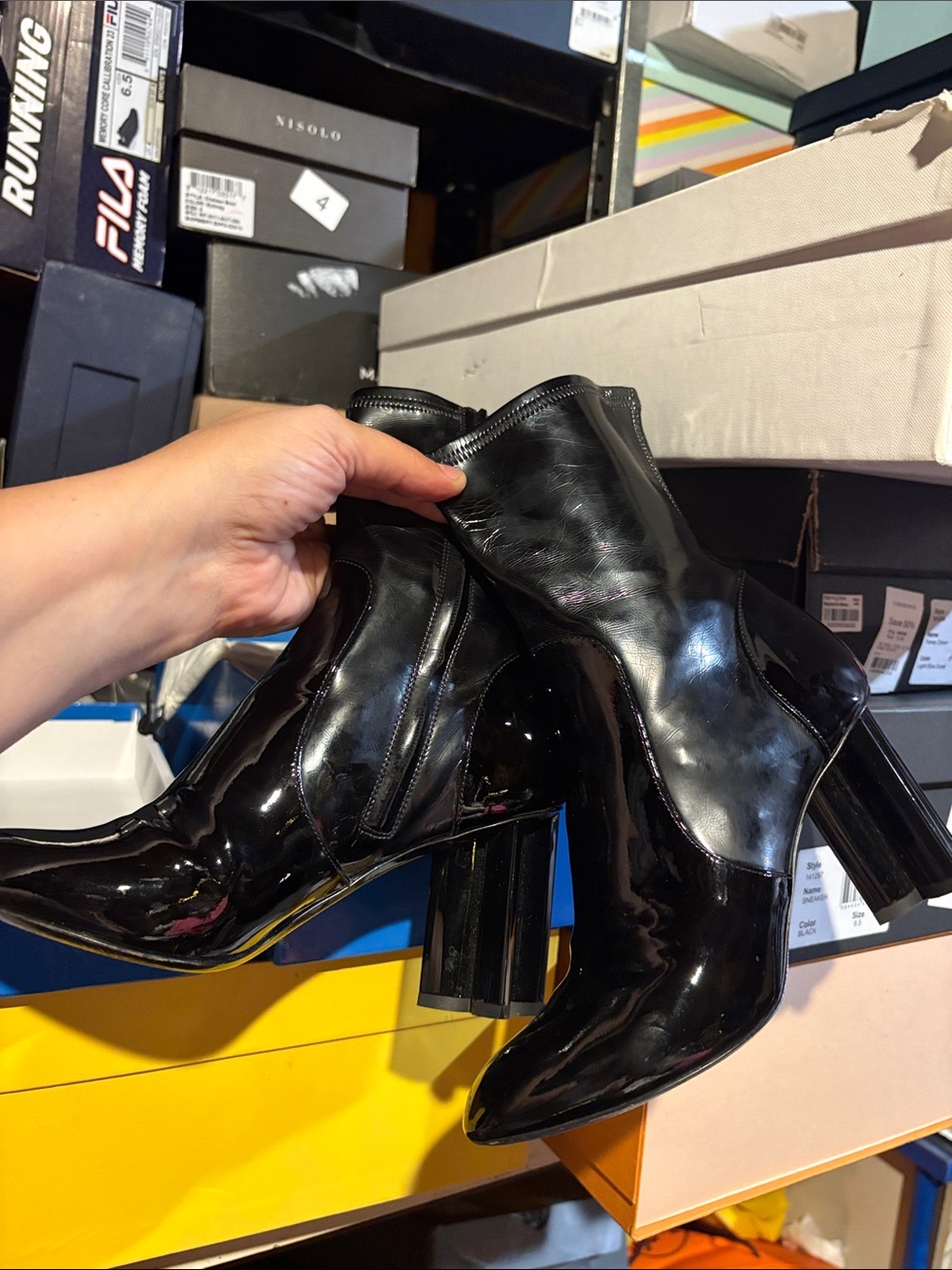 Black Patent Mid-Calf Block Heel Boots - Picture 6 of 13
